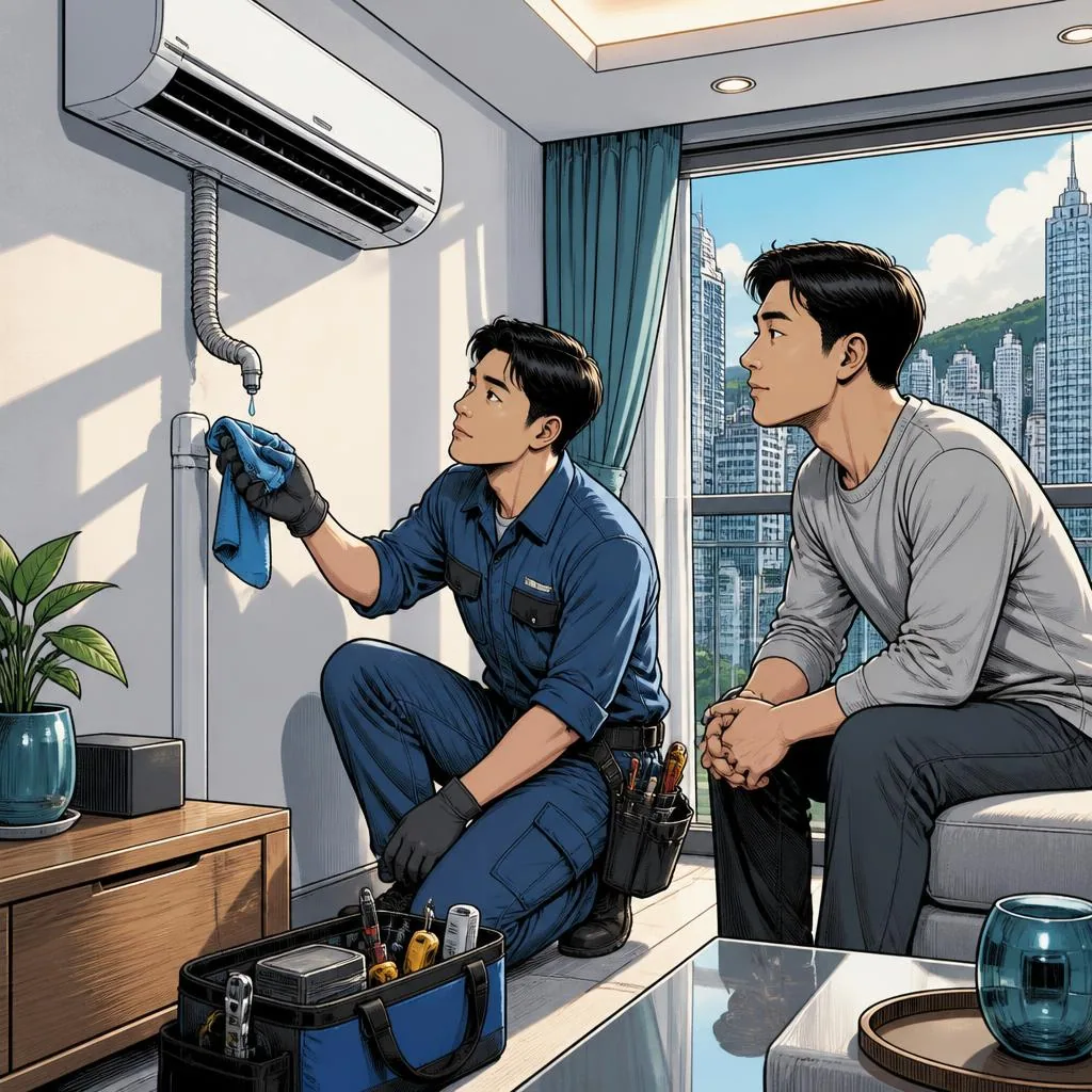 漫畫風格的冷氣師傅檢查冷氣滴水及排水喉