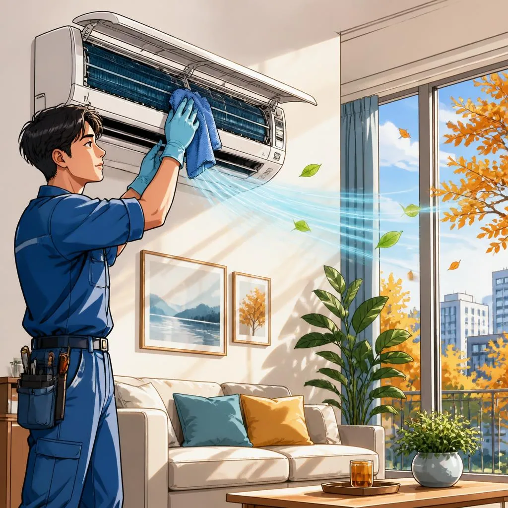 漫畫風格的冷氣師傅在秋日家居內清潔冷氣
