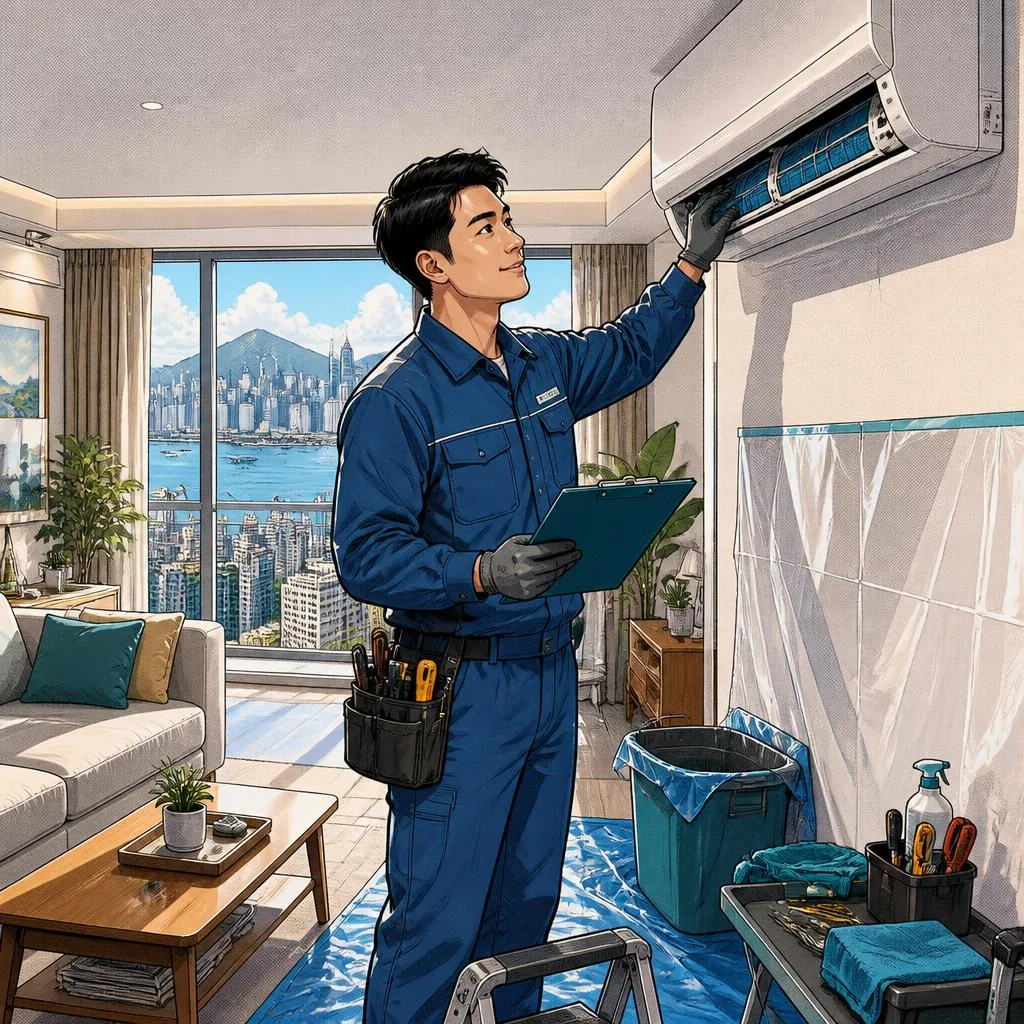 漫畫風格的冷氣師傅在家居內仔細檢查冷氣機