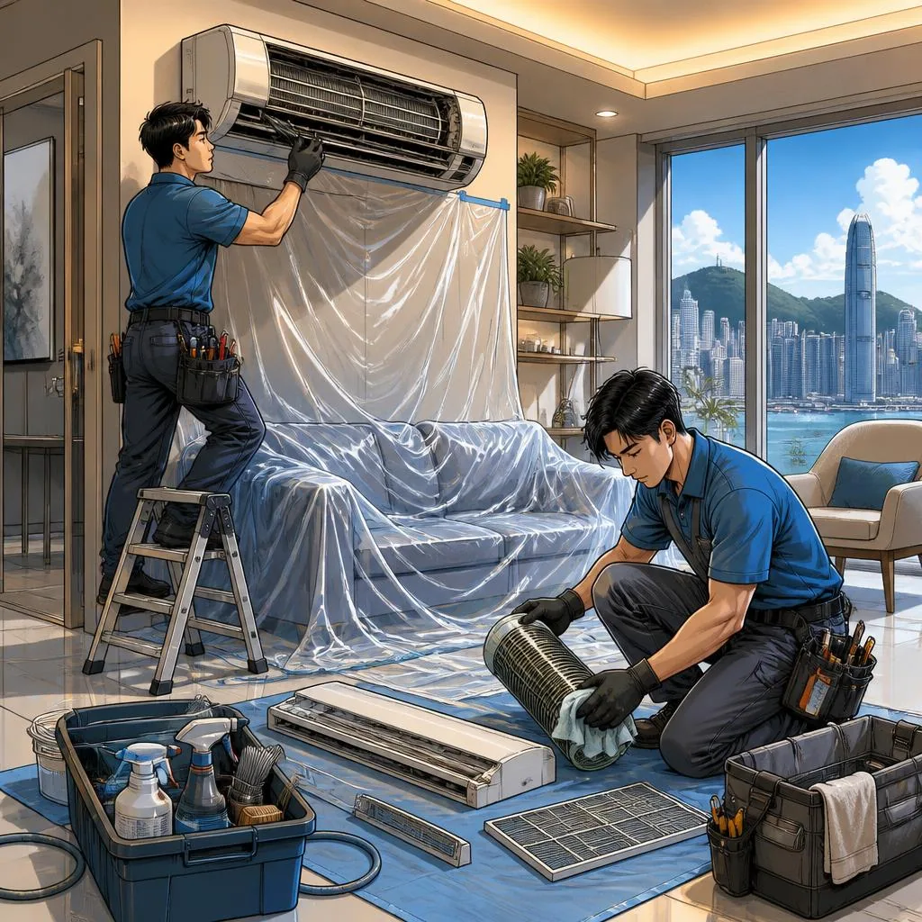 漫畫風格的冷氣師傅團隊在家居內準備清洗冷氣